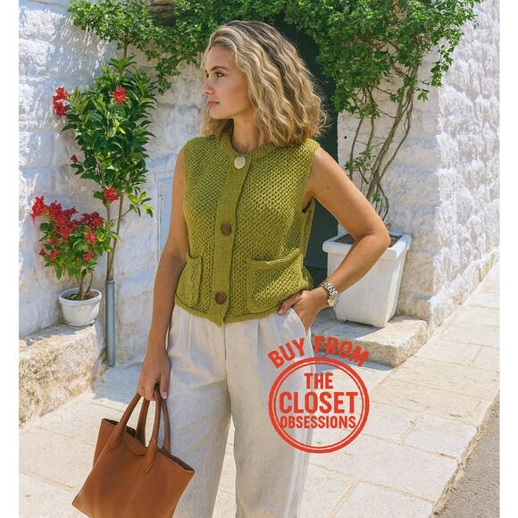 ZARA Knit Top NWT – Pistachio Green Gold Button Vest, Size S - Picture 4 of 16